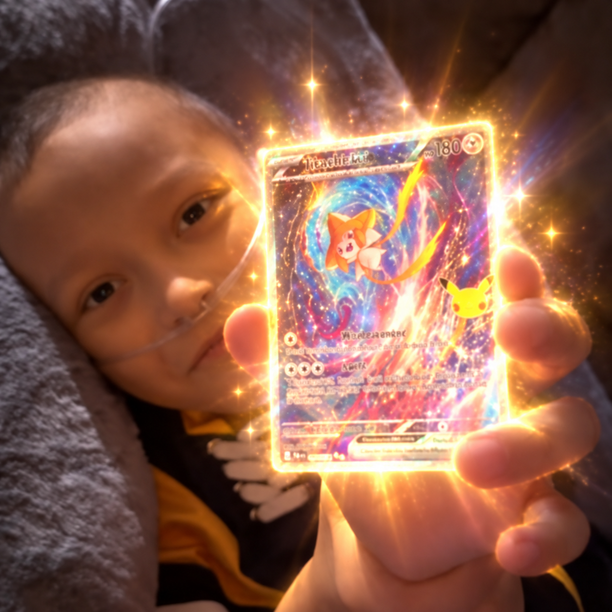 Avery holding a Pokémon card surrounded by a golden glow